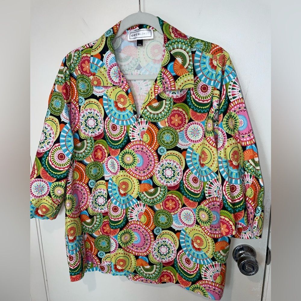 Coco Jase multicolor psychadelic blouse top boho sz 3XL floral abstract bright